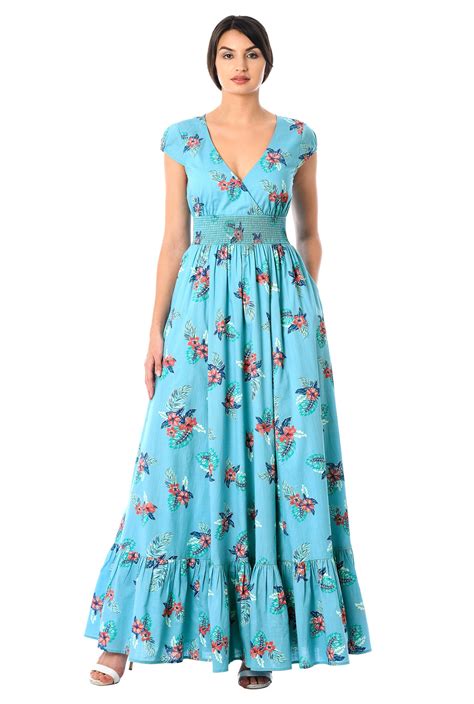 Hibiscus Print Smocked Waist Cotton Maxi Dress In 2020 Maxi Dress