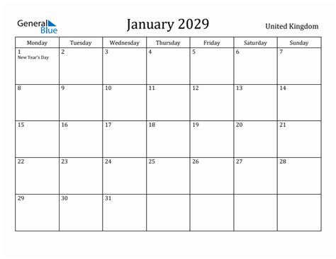 January 2029 United Kingdom Monthly Calendar With Holidays
