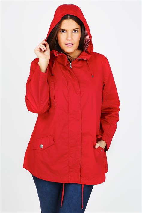 Red Lightweight Cotton Parka Jacket With Hood Plus Size 1618202224