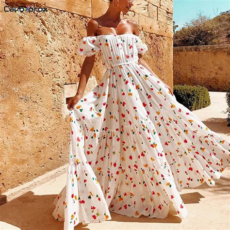 Women Off Shoulder Floral Print Summer Maxi Dress Casual Boho Beach