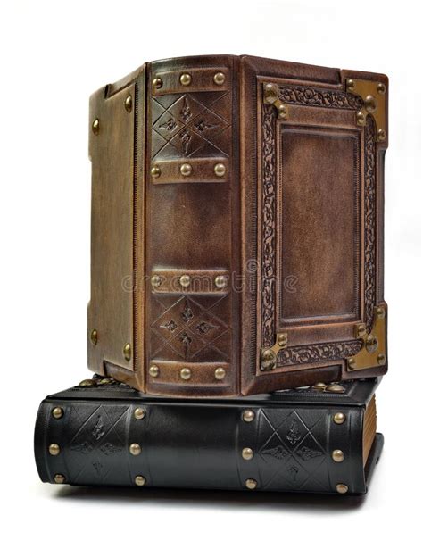 Opened Brown Leather Book With Ornate Frame And Metal Corners Stand Up