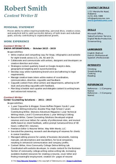 The content writer job title is not a misnomer, nor is it very precise in making a distinction from other writing occupations. Content Writer Resume Samples | QwikResume