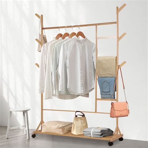 2 Tire Bamboo Clothes Rack With Wheels Portable Hanging Coat Rack