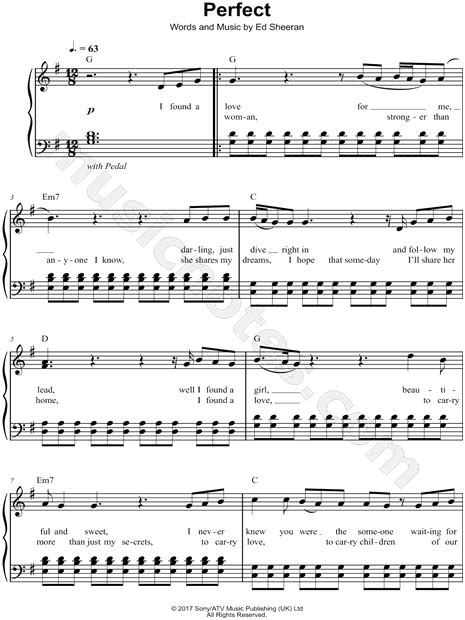 Ed Sheeran Perfect Sheet Music Notes Chords Download Printable Piano Vocal Guitar Right Hand