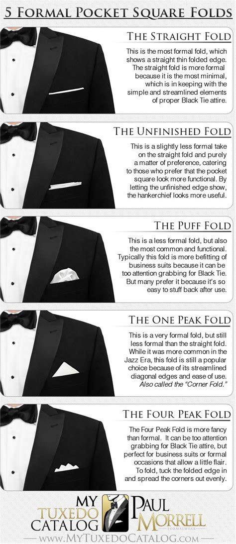 Instructions on how to fold mens pocket squares and cotton handkerchiefs in a variety of ways. 5 Common Formal Pocket Square Folds - Infographic