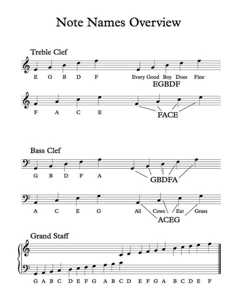 Treble And Bass Clef Note Names Overview Free Pdf Handout Music