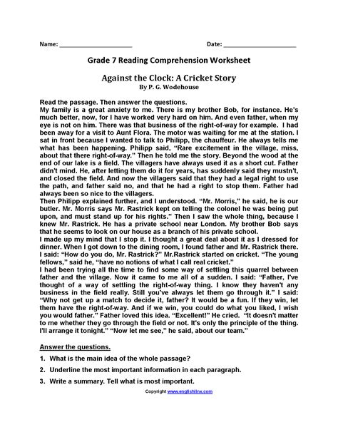 Reading Worksheets For 7th Grade Martin Lindelof