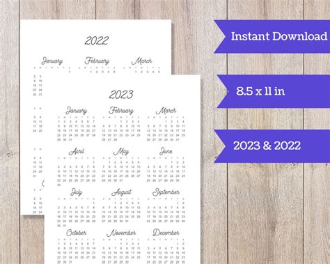 Year At A Glance Printable Calendar 2022 And 2023 Instant Etsy
