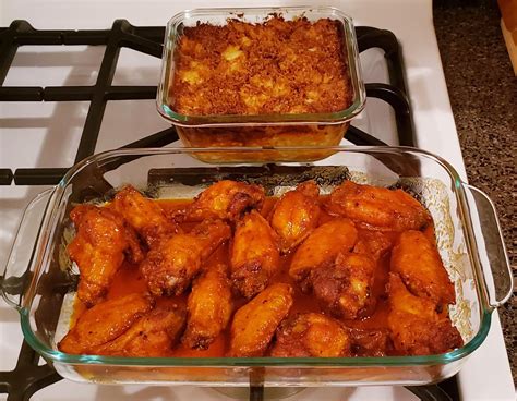 Buffalo Chicken Wings With Baked Macaroni And Cheese With Bread Crumbs