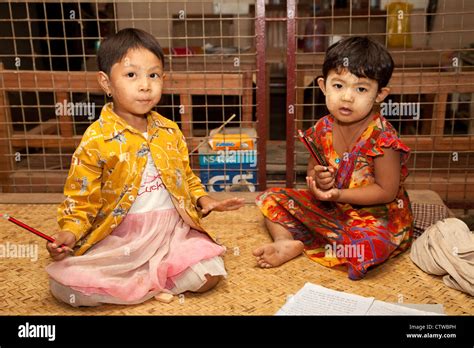 Myanmar Burma Bagan Burmese Children Two Girls They Are Wearing