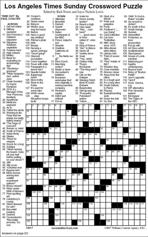Los Angeles Times Sunday Crossword Puzzle Features Printable Lively
