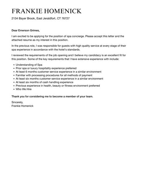 Spa Concierge Cover Letter Velvet Jobs