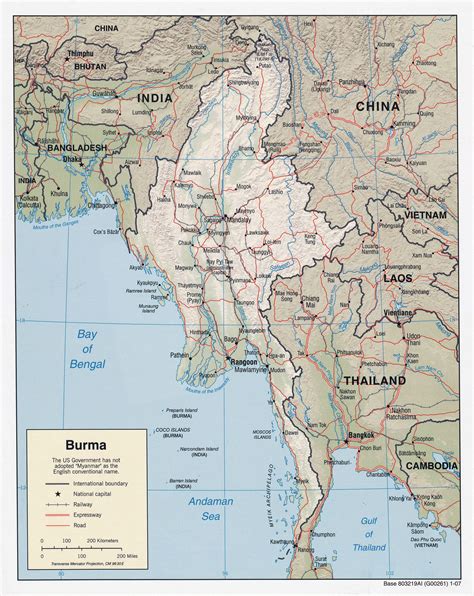 Large Detailed Political Map Of Burma Myanmar With Relief Roads