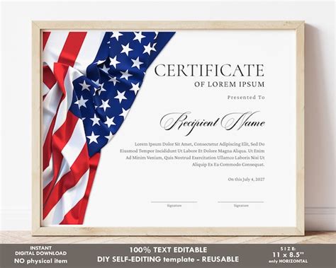 Editable American Certificate Printable Certificate Template Etsy