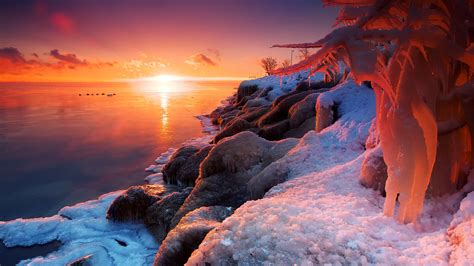 Beautiful Winter Sunrise Lake Ice Snow Wallpaper 1920x1080 Full Hd