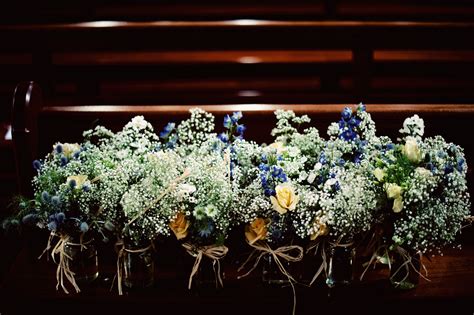 Blue And White Jam Jar Pew Ends Bridesmaid Flowers