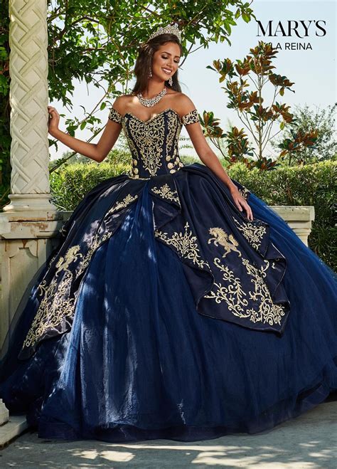 This Marys Bridal La Reina Mq2112 Navy Gold Quince Gown Features An Embroidered C Charro