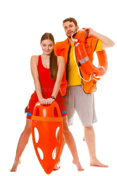 Lifeguards With Rescue Ring Buoy And Life Vest Stock Image Image Of