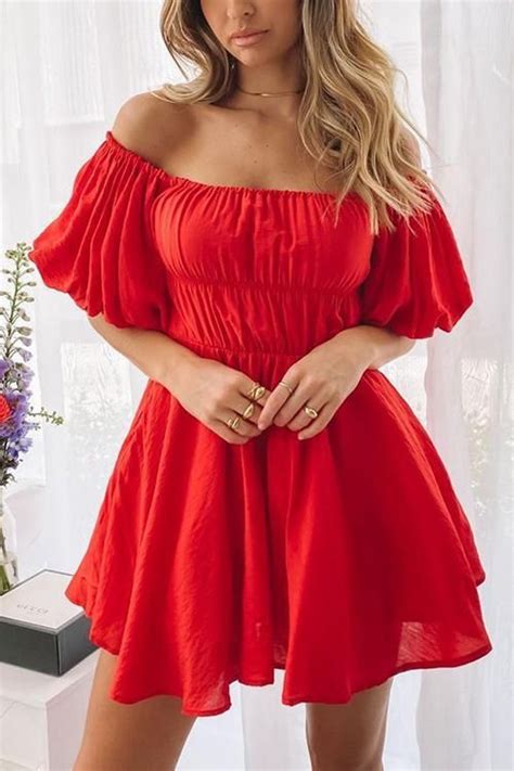 Off Shoulder Puff Sleeve Mini Dress Red Dress Casual Mini Dress With