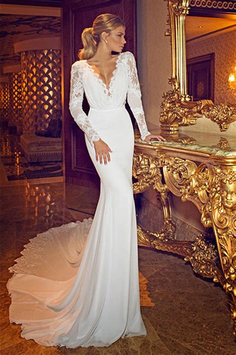 Long Sleeve V Cut Wedding Dress Discount New Elegant Satin