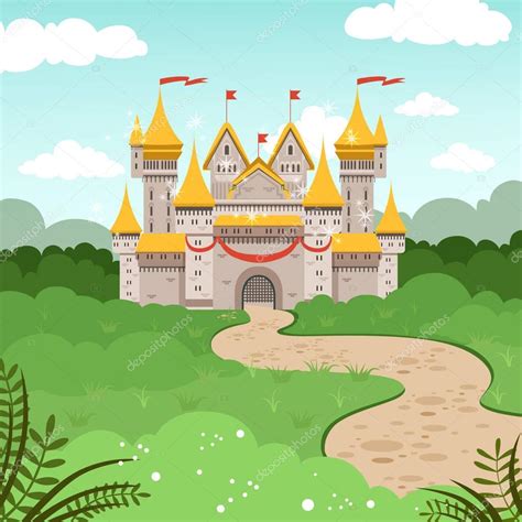 Fantasy Landscape With Fairytale Castle Vector Illustration In Cartoon