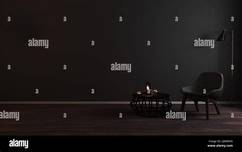 Modern Luxury Dark Living Room Interior Background With Grey Armchair