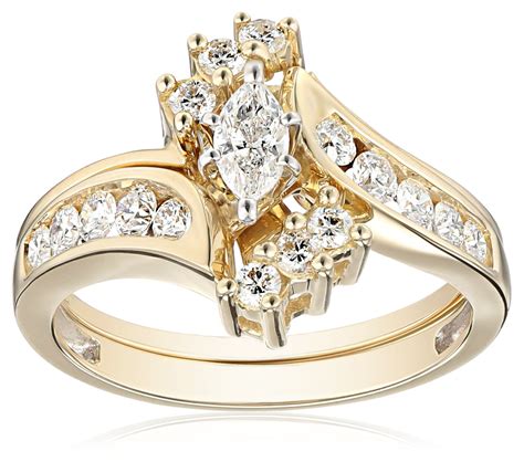 Rp Yellow Gold Bypass Diamond Marquise Wedding Ring Set