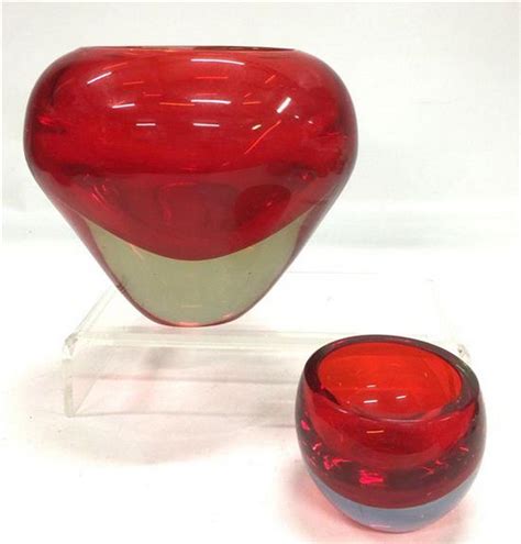 A Murano Style Red Glass Vase And Small Bowl Height 15 Cm 6 Cm Venetian Murano Glass