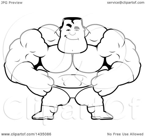 Clipart Of A Cartoon Black And White Lineart Smug Buff Muscular Male
