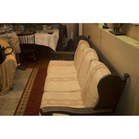 Ethan Allen Antiqued Old Tavern Pine Wood Upholstered 3 Cushion Sofa