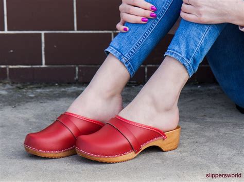 Red Leather Swedish Clogs Sandal Clogs Women Wooden Clogs Etsy