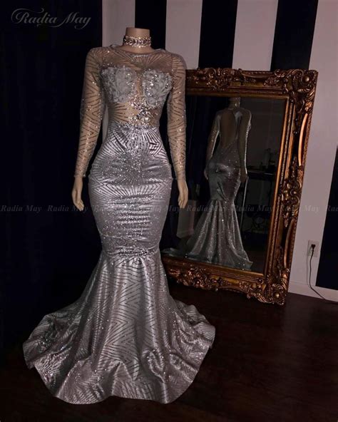 Glitter Sequin Long Sleeves Mermaid Silver Prom Dress 2019 Sexy Open