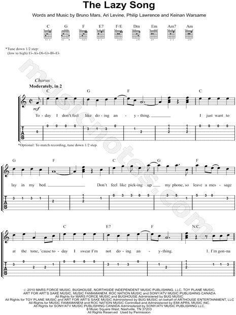 Get started playing guitar with these 40 easy songs, great for beginners! Bruno Mars "The Lazy Song" Guitar Tab in C Major - Download & Print | Guitar tabs, Easy guitar ...