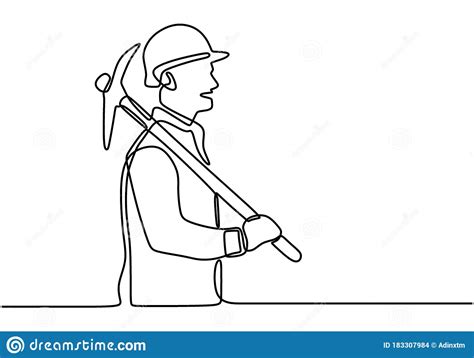 Single Line Drawing Of Young Construction Worker Carrying Building