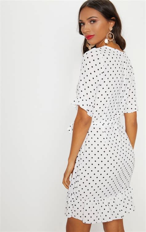 White Polka Dot Wrap Over Dress Dresses Prettylittlething Usa