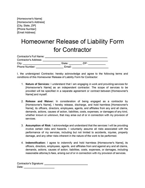 Waiver Of Liability Form For Contractors Download And Print For Free