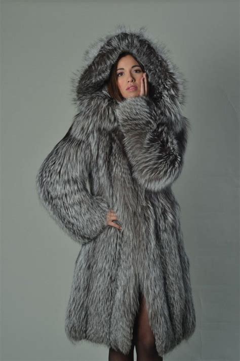 silver fox fur coat women s hooded knee length luxury t wedding or