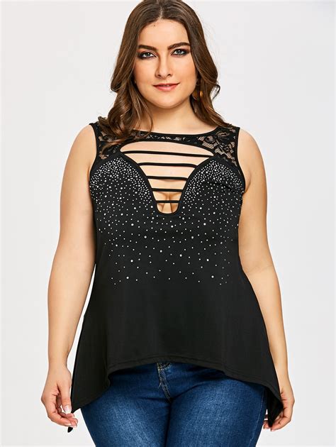 wipalo plus size sexy ladder cutout embellished sleeveless t shirt plus size ladies tops