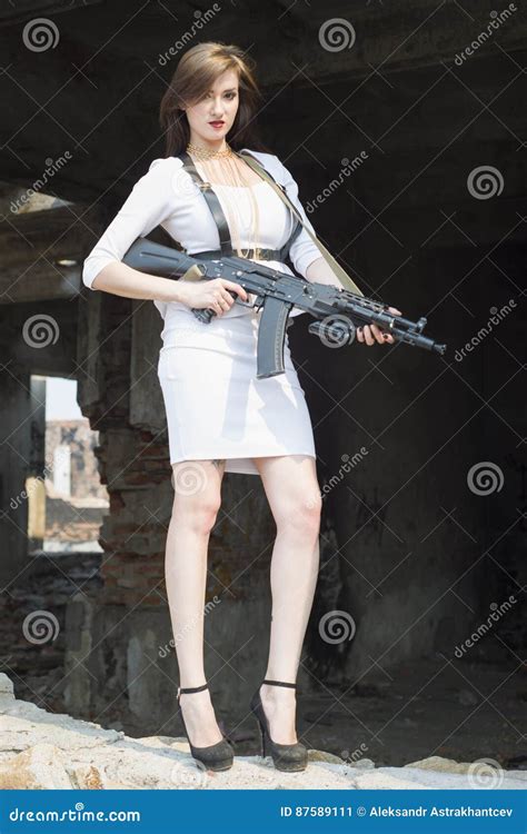 Beautiful Girl Bodyguard With A Gun In His Hand Stock Image Image Of