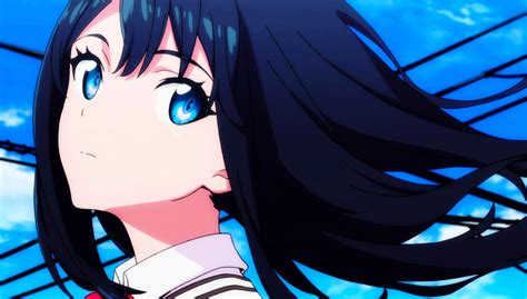 An Anime Girl With Long Black Hair And Blue Eyes Looking Up At The Sky