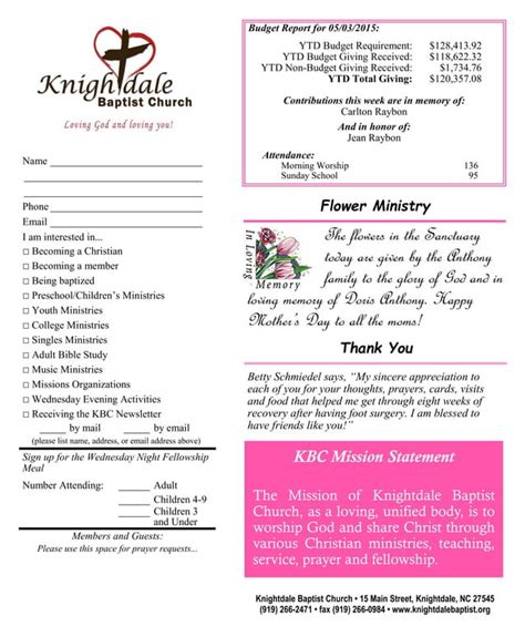 Knightdale Baptist Church May 10 2015 Worship Bulletin