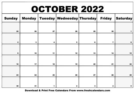 Blank Printable October 2022 Calendars