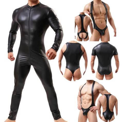 Sexy Mens Underwear Faux Leather Wrestling Singlet Leotard Jumpsuits