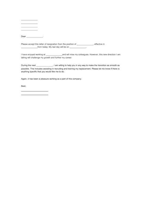 Fillable Formal Resignation Letter Template Printable Pdf Download
