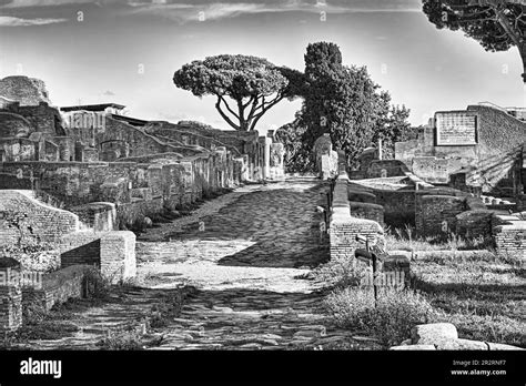Ancient Rome Urban Street View At Archaeological Roman Ruins Of Ancient