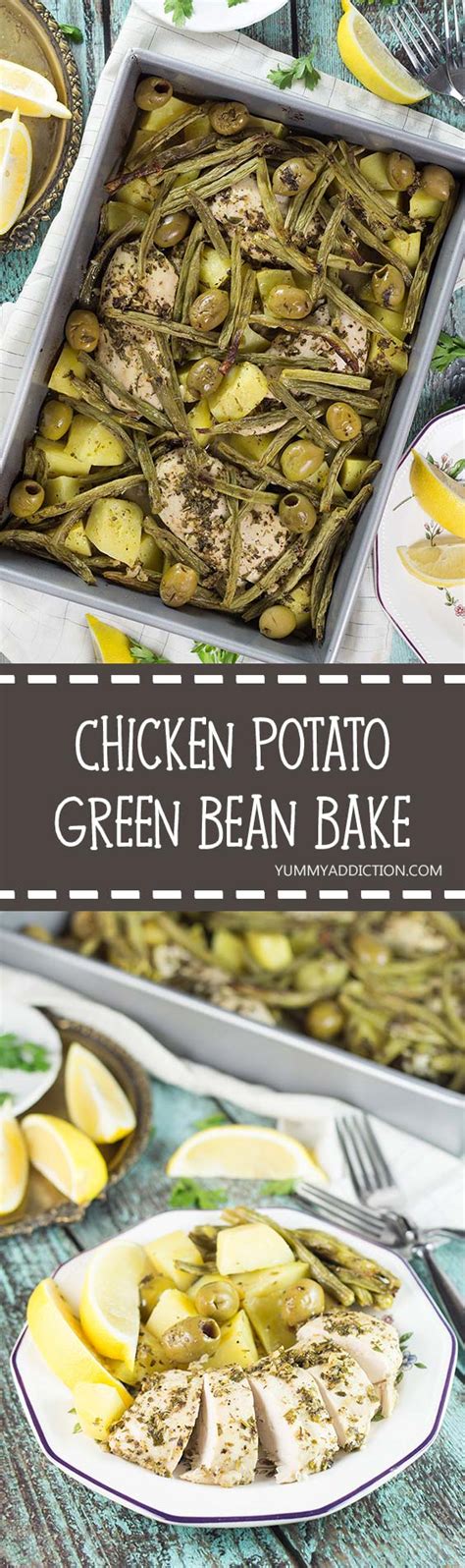 Arrange chicken, green beans & potatoes in greased casserole dish. Chicken Potato Green Bean Bake - An Easy Weeknight Dinner