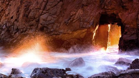 Download Wallpaper 1920x1080 Light Cave Arch Rocks Stones Splashes