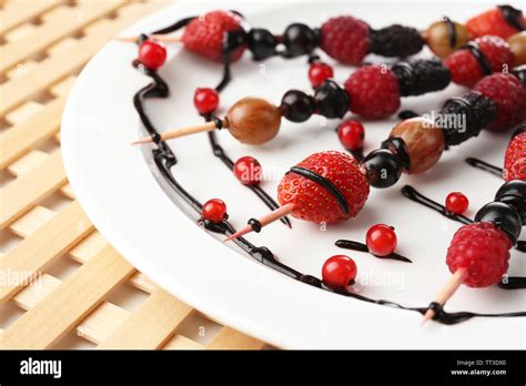 Fresh Fruit Kebabs For Healthy Snack On Plate Stock Photo Alamy