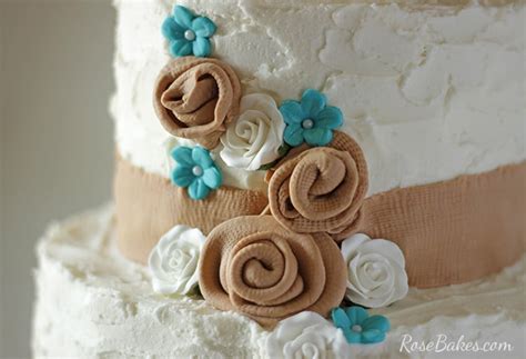 Rustic Burlap And Turquoise Flowers Wedding Cake