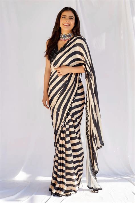 Buy Black Satin Silk V Neck Striped Saree With Blouse For Women By